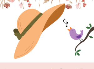 Kapelusz damski, obok śpiewający ptak na gałązce, a u dołu napis: 8 marca - Dzień Kobiet.