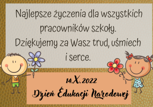 plakat przedstawiający dzieci z kwiatkami na tle życzeń dla pracowników szkoły