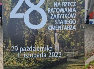 plakat informujący o kweście na rzecz ratowania zabytków Starego Cmentarza w Łodzi