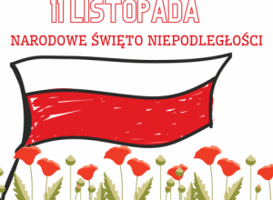 Białoczerwona flaga Polski, u dołu czerwone maki, u góry napis 11 listopada Narodowe Święto Niepodległości