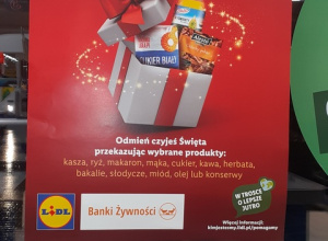 Plakat reklamujący zbiórkę żywności dla potrzebujących.