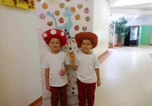 dwóch chłopców w kapeluszach w kształcie muchomora czerwonego