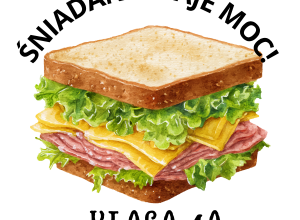 Rysunek kolorowej kanapki z napisem Śniadanie daje moc - klasa 4a