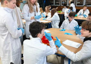 Uczniowie klasy 7b podczas doświadczeń.