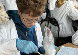 Chłopiec wykonujący ćwiczenie z chemii.