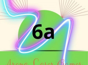 Etykieta z kolorowym zygzakiem i napisem: 6a, a poniżej Aren Laser Games.