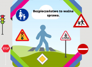 Sylwetka człowieka w otoczeniu znaków drogowych.