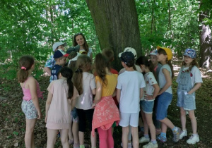 Dzieci stoją pod wielkim, rozłożystym drzewem